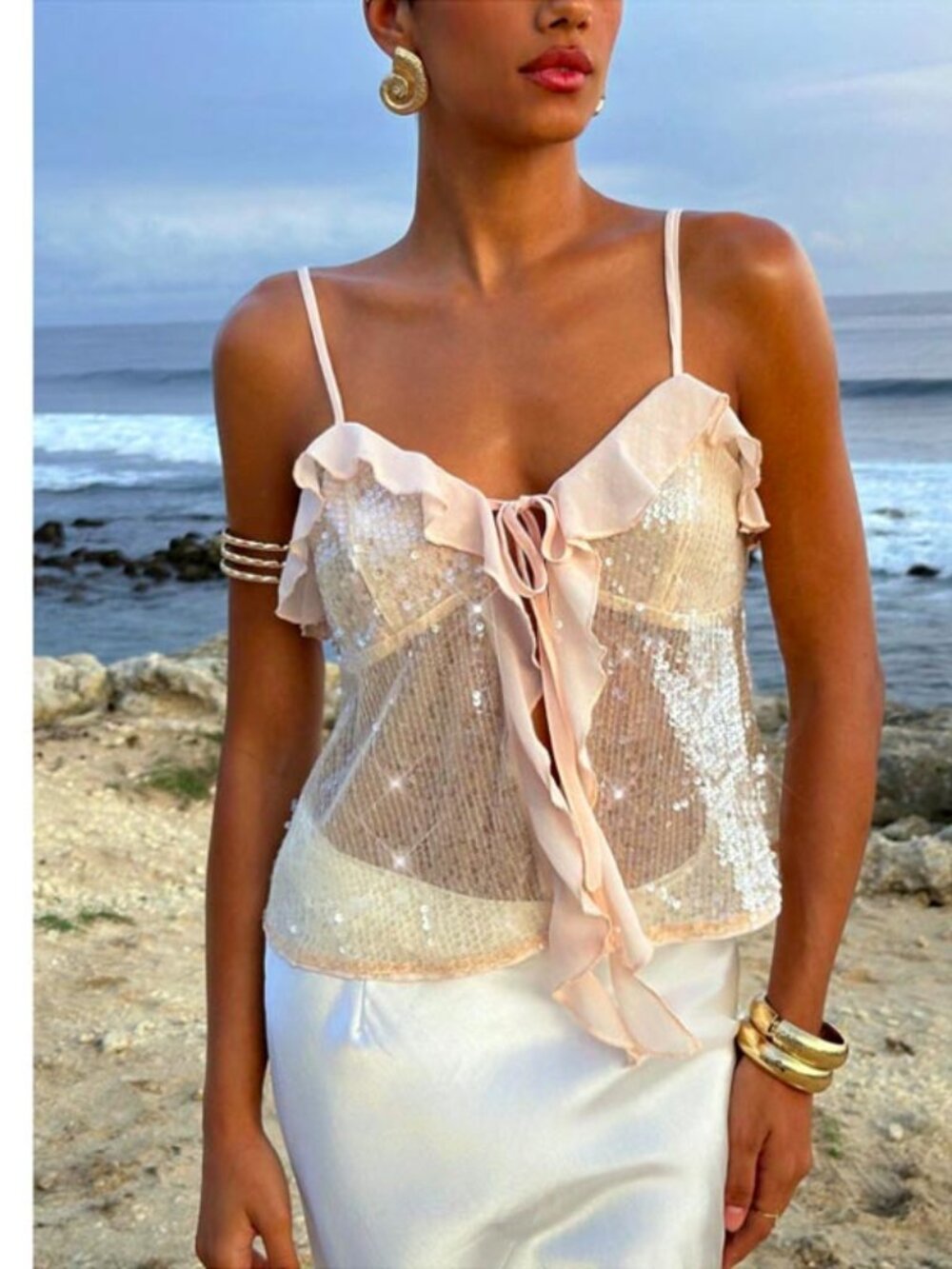 Sequin Crop Top Sparkly Tie Front Ruffle Cami Top in Apricot - Women's Large